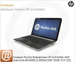 A7K87LA - Notebook Pavilion Entertainment HP dv6-6c60br AMD Quad-Core A6-3420M (2.40GHz) 6GB 750GB 15.6" LED Blu-ray Windows 7 Home Premium 64 Wi-Fi N WebCam HDMI Radeon HD 7690M 1GB