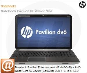 A7K88LA - Notebook Pavilion Entertainment HP dv6-6c70br AMD Quad-Core A8-3520M (2.50GHz) 8GB 1TB 15.6" LED Blu-ray Windows 7 Professional 64 Wi-Fi N WebCam HDMI Radeon HD 7690M 1GB Full HD