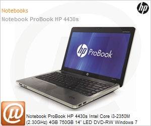 B5P11LA - Notebook ProBook HP 4430s Intel Core i3-2350M (2.30GHz) 4GB 750GB 14" LED DVD-RW Windows 7 Professional 64 Wi-Fi N WebCam HDMI