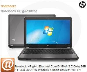 B5P67LA - Notebook HP g4-1180br Intel Core i3-380M (2.53GHz) 2GB 14" LED DVD-RW Windows 7 Home Basic 64 Wi-Fi N Bluetooth HDMI