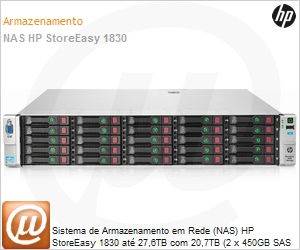 B7D99A - Sistema de Armazenamento em Rede (NAS) HP StoreEasy 1830 at 27,6TB com 20,7TB (2 x 450GB SAS SFF HDDs for pre-installed OS, 23x900GB SAS SFF HDDs)