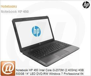 B8T17LT - Notebook HP 450 Intel Core i3-2370M (2.40GHz) 4GB 500GB 14" LED DVD-RW Windows 7 Professional 64 Wi-Fi N