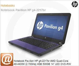 C1C29LA - Notebook Pavilion HP g4-2217br AMD Quad-Core A6-4400M (2.70GHz) 4GB 500GB 14" LED DVD-RW Windows 8 SL Wi-Fi N Bluetooth WebCam HDMI Radeon 7420G 1GB USB 3.0