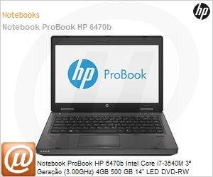 D8E24LT - Notebook ProBook HP 6470b Intel Core i7-3540M 3 Gerao (3.00GHz) 4GB 500 GB 14" LED DVD-RW Windows 8 Pro -> Windows 7 Professional Wi-Fi N WebCam USB 3.0 [x2] DisplayPort