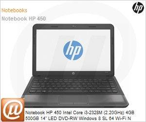 E3U80LT - Notebook HP 450 Intel Core i3-2328M (2.20GHz) 4GB 500GB 14" LED DVD-RW Windows 8 SL 64 Wi-Fi N WebCam HDMI