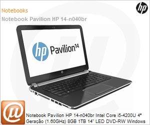 E7J03LA - Notebook Pavilion HP 14-n040br Intel Core i5-4200U 4 Gerao (1.60GHz) 8GB 1TB 14" LED DVD-RW Windows 8 SL 64 Wi-Fi N Bluetooth HDMI WebCam Radeon HD 8670M 2GB USB 3.0