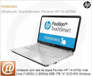 E7J06LA - Ultrabook com tela de toque Pavilion HP 14-n070br Intel Core i7-4500U (1.80GHz) 8GB 1TB 14" DVD-RW Windows 8 64 SL Wi-Fi 11n Bluetooth Radeon HD 8670M 2GB