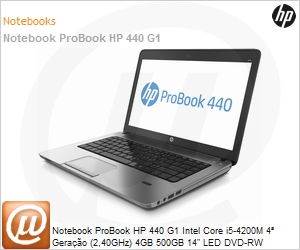 F2Q13LT - Notebook ProBook HP 440 G1 Intel Core i5-4200M 4 Gerao (2,40GHz) 4GB 500GB 14" LED DVD-RW Windows 7 Professional 64 Wi-Fi 11ac Bluetooth 4.0 WebCam HDMI USB 3.0