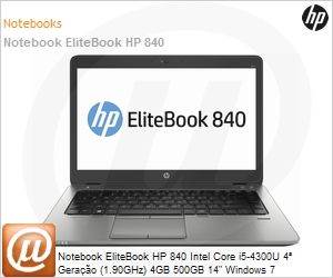 F7V99LT - Notebook EliteBook HP 840 Intel Core i5-4300U 4 Gerao (1.90GHz) 4GB 500GB 14" Windows 7 Professional