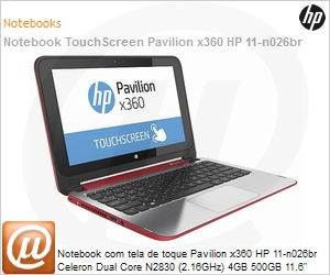 J2M52LA - Notebook com tela de toque Pavilion x360 HP 11-n026br Celeron Dual Core N2830 (2.16GHz) 4GB 500GB 11.6" Windows 8.1 SL 64 Wi-Fi N Bluetooth HDMI USB 3.0