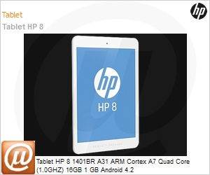 J2X79AA - Tablet HP 8 1401BR A31 ARM Cortex A7 Quad Core (1.0GHZ) 16GB 1 GB Android 4.2