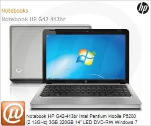 LE652LA - Notebook HP G42-413br Intel Pentium Mobile P6200 (2.13GHz) 3GB 320GB 14" LED DVD-RW Windows 7 Home Basic 64 Wi-Fi N Bluetooth WebCam HDMI
