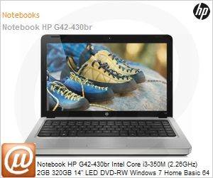 LE653LA - Notebook HP G42-430br Intel Core i3-350M (2.26GHz) 2GB 320GB 14" LED DVD-RW Windows 7 Home Basic 64 Wi-Fi N Bluetooth WebCam HDMI