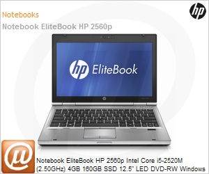 LJ468LA - Notebook EliteBook HP 2560p Intel Core i5-2520M (2.50GHz) 4GB 160GB SSD 12.5" LED DVD-RW Windows 7 Professional 64 Wi-Fi N Bluetooth 3 anos