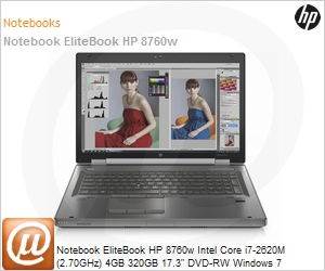 LW870AW - Notebook EliteBook HP 8760w Intel Core i7-2620M (2.70GHz) 4GB 320GB 17.3" DVD-RW Windows 7 Professional 64 Wi-Fi N Bluetooth WebCam NVIDIA Quadro 3000M 2GB