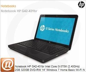LY853LA - Notebook HP G42-431br Intel Core i3-370M (2.40GHz) 2GB 320GB DVD-RW 14" Windows 7 Home Basic Wi-Fi N Bluetooth WebCam HDMI