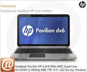 LY869LA - Notebook Pavilion HP dv6-6190br AMD Quad-Core A8-3500M (2.40GHz) 6GB 1TB 15.6" LED Blu-ray Windows 7 Professional 64 Wi-Fi N Bluetooth WebCam HDMI Full HD Radeon HD 6755G2 1GB