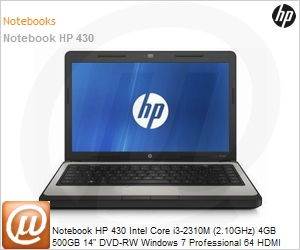 LY915LA - Notebook HP 430 Intel Core i3-2310M (2.10GHz) 4GB 500GB 14" DVD-RW Windows 7 Professional 64 HDMI Wi-Fi WebCam