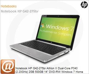 LZ032LA - Notebook HP G42-275br Athlon II Dual-Core P340 (2.20GHz) 2GB 500GB 14" DVD-RW Windows 7 Home Basic Wi-Fi N Bluetooth WebCam HDMI