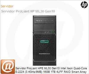 P16927-S01 - Servidor HPE ProLiant ML30 Gen10 Intel Xeon E-2224 Quad-Core (3.4GHz/9MB) 16GB 1TB 4 Baias LFF RAID Smart Array S100i Torre 1 Ano On-Site + 2 Anos Balco