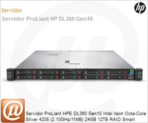 P19765-B21-H - Servidor HPE ProLiant DL360 Gen10 Intel Xeon Silver 4208 Octa-Core (2.10GHz/11MB) 24GB 12TB RAID Smart Array S100i SR 4-LFF NC (0010) Rack 1U 3 Anos On-Site