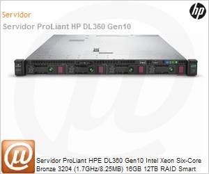 P19765-B21-L - Servidor HPE ProLiant DL360 Gen10 Intel Xeon Bronze 3204 Hexa-Core (1.7GHz/8.25MB) 16GB 12TB RAID Smart Array S100i SR 4-LFF NC (0010) Rack 1U 3 Anos On-Site