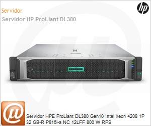 P20172-B21 - Servidor HPE ProLiant DL380 Gen10 Intel Xeon Silver 4208 Octa-Core 1P 32GB-R Sem HD P816i-a NC 12 Baias LFF 800 W RPS