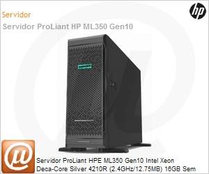 P21788-001 - Servidor HPE ProLiant ML350 Gen10 Intel Xeon Silver 4210R Deca-Core (2.4GHz/12.75MB) 16GB Sem HD Smart Array P408i-a SR Torre 3 Anos On-Site