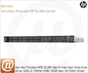 P40636-B21 - Servidor HPE ProLiant DL360 Gen10 Intel Xeon Silver 4208 Octa-Core (2.10GHz/11MB) 32GB Sem HD RAID Smart Array P408i-a/2GB 4-LFF NC (0010) Rack 1U 3 Anos On-Site