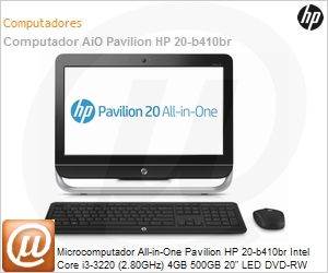 QZ284AA - Desktop-PC All-in-One Pavilion HP 20-b410br Intel Core i3-3220 (2.80GHz) 4GB 500GB 20" LED DVD-RW Windows 8.1 Wi-Fi N WebCam USB 3.0