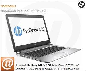 T4N02LT - Notebook ProBook HP 440 G3 Intel Core i5-6200U 6 Gerao (2,30GHz) 4GB 500GB 14" LED Windows 10 Professional 64 Wi-Fi 11ac Bluetooth 4.0 WebCam HDMI USB 3.0 FingerPrint