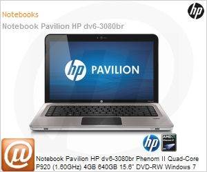 WY169LA - Notebook Pavilion HP dv6-3080br Phenom II Quad-Core P920 (1.60GHz) 4GB 640GB 15.6" DVD-RW Windows 7 Home Premium 64 Wi-Fi N Bluetooth WebCam ATI Radeon 5650 1GB