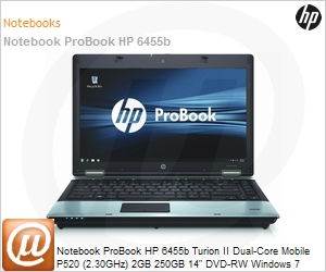 XF789LA - Notebook ProBook HP 6455b Turion II Dual-Core Mobile P520 (2.30GHz) 2GB 250GB 14" DVD-RW Windows 7 Professional Wi-Fi N WebCam (Substitui WT832LA#AC4)