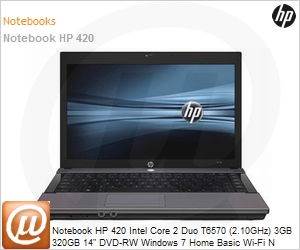 XL325LA - Notebook HP 420 Intel Core 2 Duo T6570 (2.10GHz) 3GB 320GB 14" DVD-RW Windows 7 Home Basic Wi-Fi N WebCam (Substitui WL706LA#AC4)