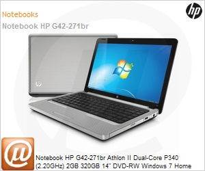 XR191LA - Notebook HP G42-271br Athlon II Dual-Core P340 (2.20GHz) 2GB 320GB 14" DVD-RW Windows 7 Home Basic Wi-Fi N Bluetooth WebCam HDMI