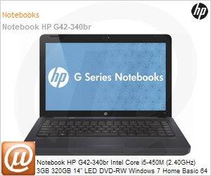 XV111LA - Notebook HP G42-340br Intel Core i5-450M (2.40GHz) 3GB 320GB 14" LED DVD-RW Windows 7 Home Basic 64 Wi-Fi N Bluetooth WebCam HDMI