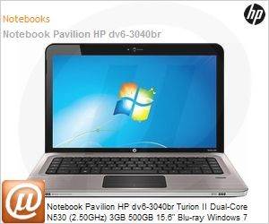 XX642LA - Notebook Pavilion HP dv6-3040br Turion II Dual-Core N530 (2.50GHz) 3GB 500GB 15.6" Blu-ray Windows 7 Home Premium Wi-Fi N Bluetooth WebCam HDMI