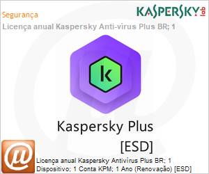 KL1042KDAFR-BR - Licena anual Kaspersky Antivrus Plus BR; 1 Dispositivo; 1 Conta KPM; 1 Ano (Renovao) [ESD] 