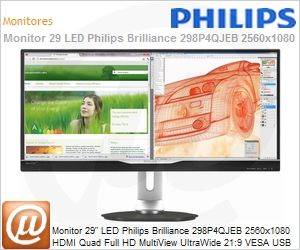 298P4QJEB - Monitor 29" LED Philips Brilliance 298P4QJEB 2560x1080 HDMI Quad Full HD MultiView UltraWide 21:9 VESA USB 3.0