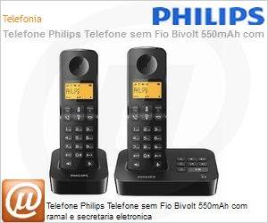 D2052B/BR - Telefone Philips Telefone sem Fio Bivolt 550mAh com ramal e secretaria eletronica