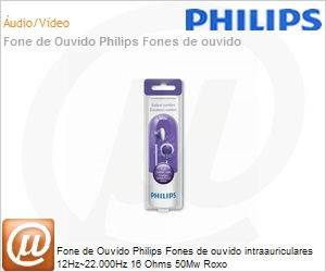 SHE2100PP/28 - Fone de Ouvido Philips Fones de ouvido intraauriculares 12Hz~22.000Hz 16 Ohms 50Mw Roxo