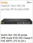 Switch Slot 10G 28 portas HPE Aruba 6100 24G Classe 4 PoE 4SFP+ 370 W (24 x 10/100/1000BASE-T; 4 x SFP 1G/10G) Gerencivel L2  (Figura somente ilustrativa, no representa o produto real)