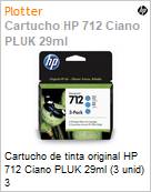 Cartucho de tinta original HP 712 Ciano PLUK 29ml (3 unidades)  (Figura somente ilustrativa, no representa o produto real)