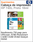 CB336WL - Cartucho de tinta original HP 74XL Preto 18ml para DeskJet D4xxx Offcejet J57xx J64xx Photosmart C42x x C4345 C4380 C4385 C4440 C4450 C4480 C5225 C5240 C5250 C5280 C5580 5345 D5360
