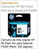 Cartucho de tinta original HP 60 Preto 4ml para DeskJet F4280 (Rend. 200 pginas) (Figura somente ilustrativa, no representa o produto real)