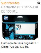 Cartucho de tinta original HP Ciano 728 DE 130 ML  (Figura somente ilustrativa, no representa o produto real)