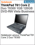 7659-CA9 - Notebook ThinkPad Lenovo T61 Intel Core 2 Duo T8300 (2.40GHz) 1GB 120GB DVD-RW 14.1" WXGA Wide Vista Business Wi-Fi Bluetooth