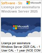 Licena por assinatura Windows Server 2025 CAL - 1 User CAL - 1 year (NCE COM BAS ANN) Annual  (Figura somente ilustrativa, no representa o produto real)