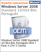P73-04012 - Microsoft OEM Windows Server Standard 2008 32/X64 Bits Portugus 1 Pack 4 CPU 5 Clients OEM (Com PC Novo)