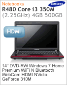 NP-R480-JD01BR - Notebook Samsung NP-R480 Intel Core i3-350M (2.25GHz) 4GB 500GB 14